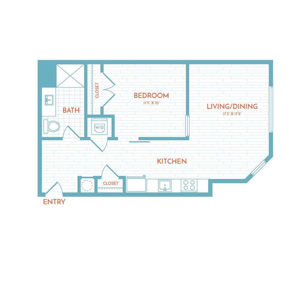 Floor plan layout diagram for B2.1b | 1 Bed | 1 Bath